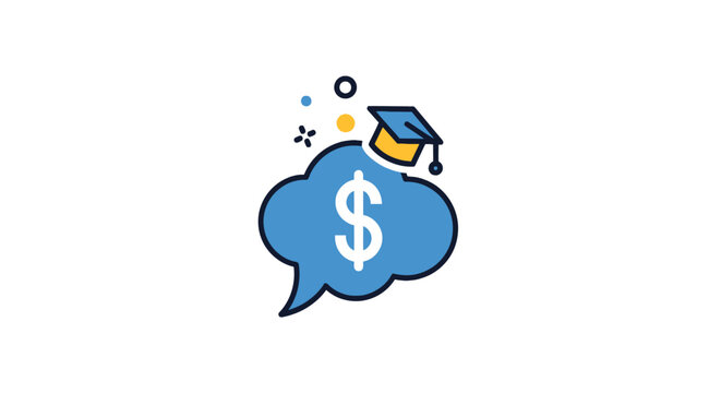 Speech bubble containing dollar sign and graduation cap icon.
