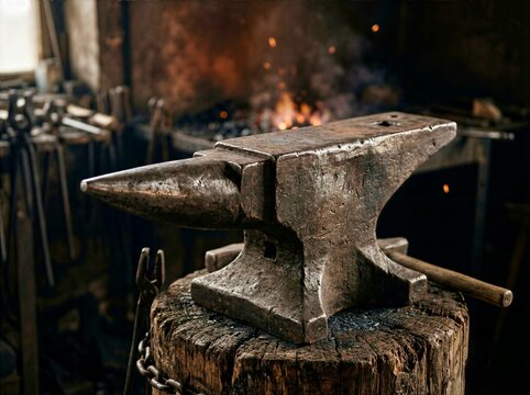 Blacksmith Anvil on Rustic Wooden Tree Stump in Traditional Forge Workshop with Glowing Fire