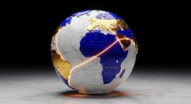 A spherical earth crafted from polished white marble and blue lapis lazuli puzzle pieces, featuring gold landmasses and glowing warm seams, seams, radiant, globe