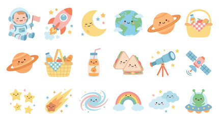 Kawaii space and picnic stickers, cute 18 vector icons set with baby astronaut and planets, pastel galaxy and food illustrations for kids © K studio