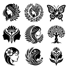 Obraz premium Black silhouettes of women faces with floral designs.