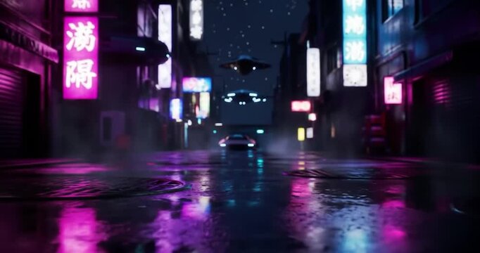 Futuristic flying vehicle above a wet neon city street at night