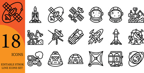 Space Exploration Technology Editable Stroke Line Icons Set Featuring Rockets, Satellites, Astronauts, and SpacecraftSpace Exploration Technology Editable Stroke Line Icons Set Featuring  © Mst Sumi