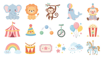 Cute circus animals and carnival elements set, 15 pastel vector icons with lion and elephant, nursery amusement park illustrations for kids © K studio