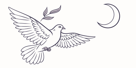 Naklejka premium White dove with olive branch flying against crescent moon silhouette flying bird