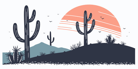 Desert sunset silhouette with layered cacti and mountains cactus © Abubakkar