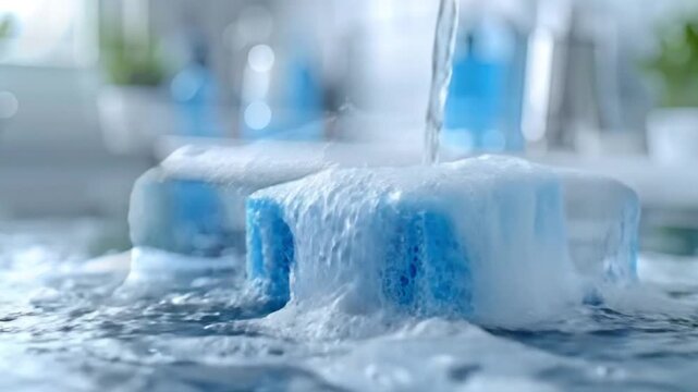 Blue cleaning sponge with soap suds and pouring water on a wet reflective surface in a modern kitchen setting