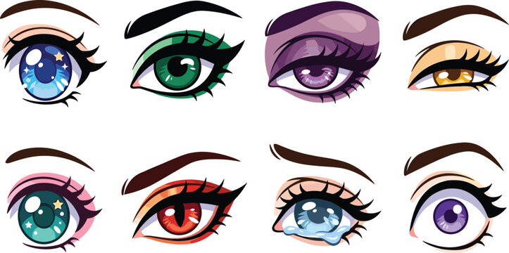 Anime eyes vector set with colorful cartoon expressions featuring glittering sparkles crying tears glamorous makeup and fantasy creature gaze graphic design elements