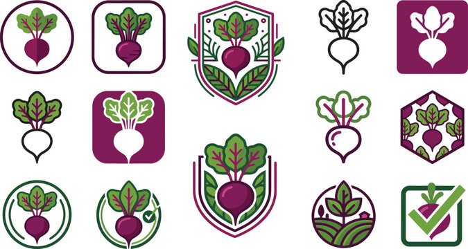 Beetroot logo icon vector set featuring flat linear and badge style beet designs for agriculture farming organic food brands and grocery product packaging layouts