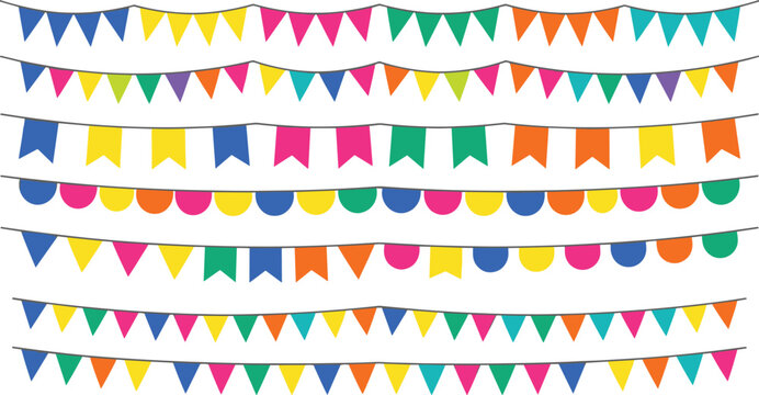 Colorful party bunting banner set with multicolored hanging flat flags garlands in triangle square and semicircle shapes for birthday celebration vector illustration isolated on white background.