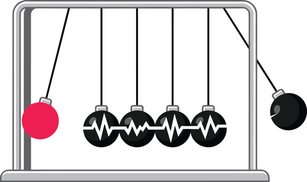 Newtons cradle vector illustration with swinging red sphere and black heartbeat pulse line balls representing kinetic energy momentum physics concept isolated on white background.