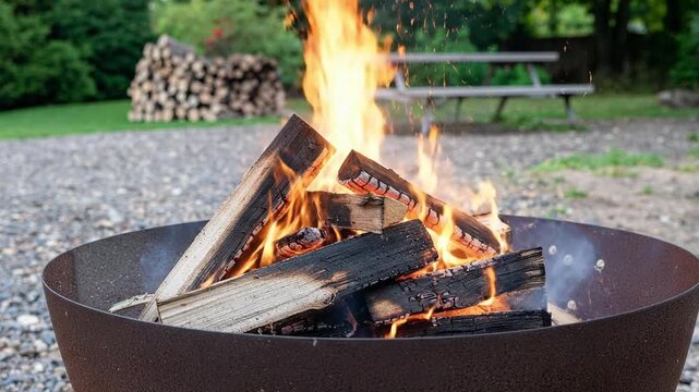 Burning wood logs in a rustic metal fire pit on a gravel ground with stacked firewood and a picnic table in the background