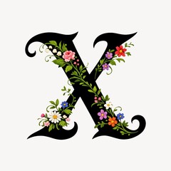 Obraz premium Elegant letter 'X' adorned with colorful floral designs on a white background.