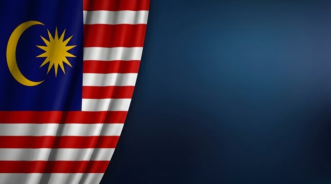 Elegant horizontal backdrop decorated with a realistic waving Malaysian flag curtain on the left side and empty dark blue space on the right.