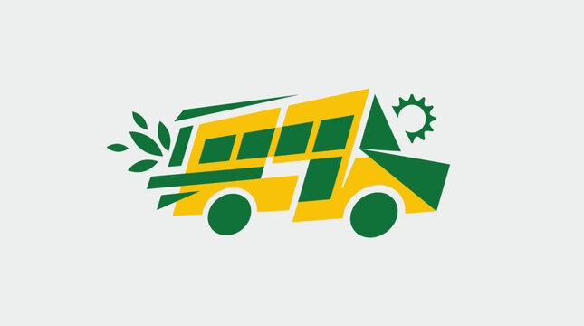 Abstract eco-friendly school bus logo design with green leaves and yellow geometric shapes for sustainable transportation concept