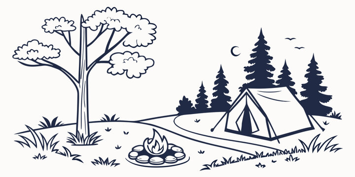 Minimal flat style of forest clearing with campfire spot pine trees