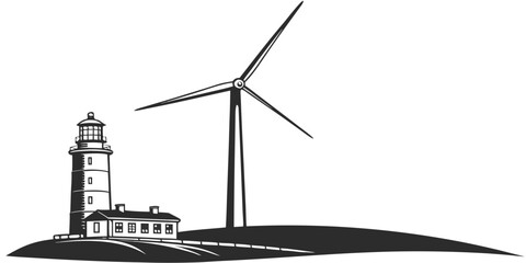 Black silhouette of wind turbine and lighthouse against clear sky renewable energy © Bakkar