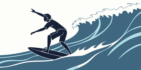 Fototapeta premium Black silhouette surfer riding a large ocean wave surfboard dynamic pose
