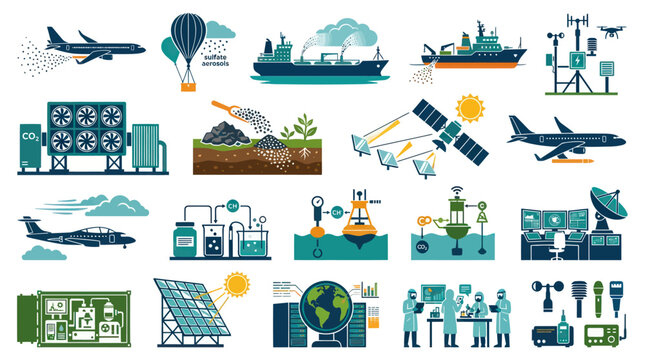 Flat Design Icons Set of Climate Change Mitigation, Geoengineering and Environmental Science Technologies