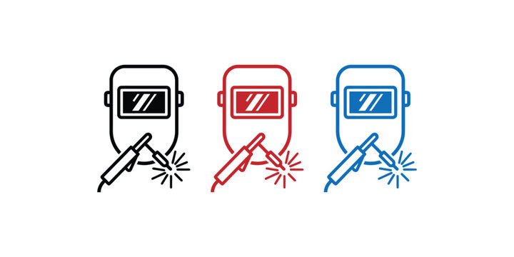 Welding helmets icon set black red and blue line art illustrations