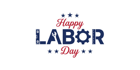Happy labor day typography illustration with tools and star accents © Ruhina