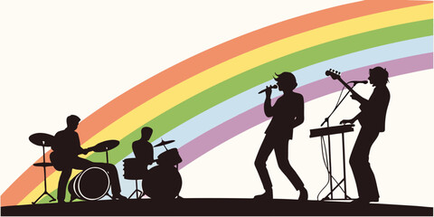 Obraz premium Black silhouette band performing on stage with rainbow backdrop, performance musicians