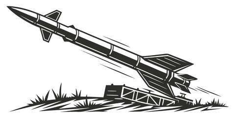 Black silhouette of military rocket launch striking target missile strike explosion © Bakkar