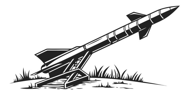 Black silhouette of a military rocket or missile launching upward trajectory