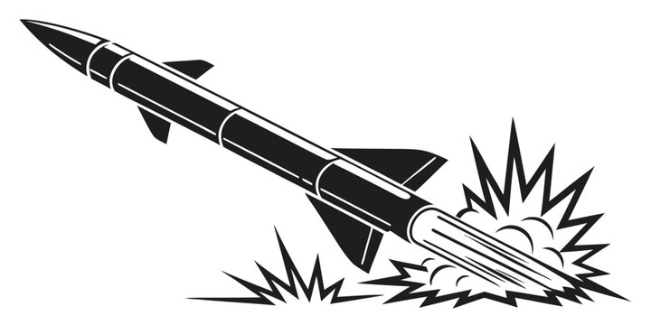 Black silhouette of military rocket missile launching with explosion