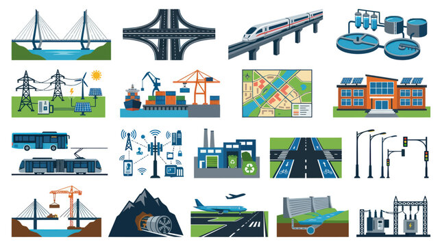 Modern Infrastructure Icons: Bridges, Roads, Trains, Power, Ports, City - Flat Design