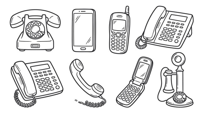 Evolution of telephone communication devices collection line art illustration.