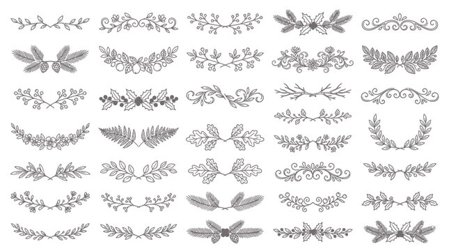 Elegant floral dividers and decorative leaf flourishes for graphic design.