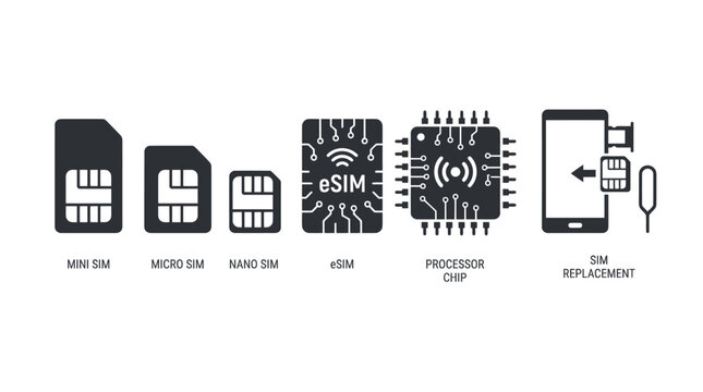 Evolution of SIM card technology from mini to eSIM icons.