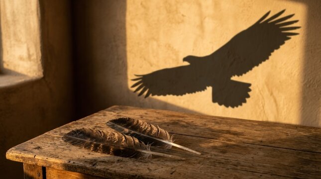 Two bird feathers on a wooden table casting an eagle shadow on the wall