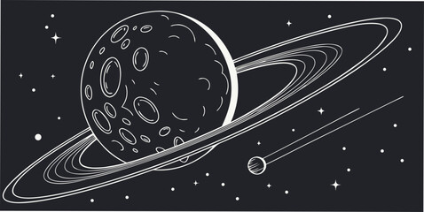 Black silhouette of saturn with rings and starry space background, planet © Abu