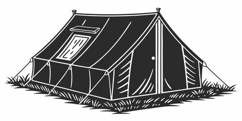 Black military field tent silhouette with camouflage netting military tent black silhouette © Abu