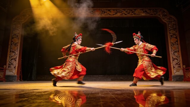 Martial Arts Duel on Stage: Two performers in traditional red and gold costumes, wearing ornate headdresses, engage in a dramatic martial arts duel on a stage.