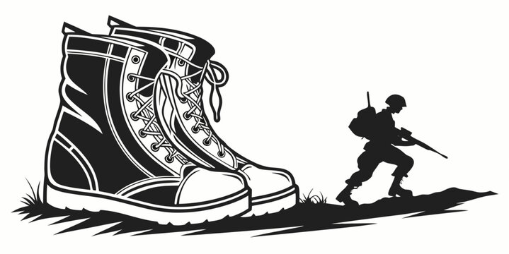 Black military combat boots with bayonet silhouette, soldier in action stance black silhouette
