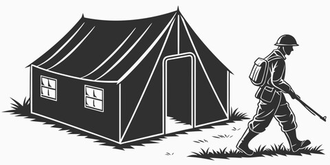 Black silhouette of soldier standing guard outside tent shelter soldier silhouette © Abu