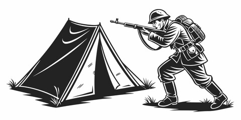 Black silhouette soldier assembling military tent in grassy field assembling tent © Abu