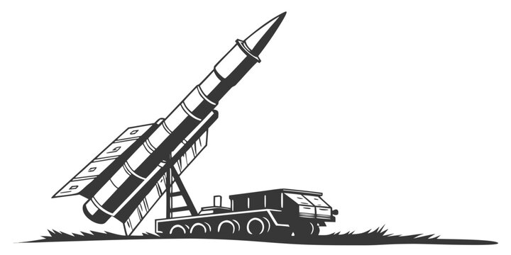 Black silhouette of military rocket launch with transporter erector launcher missile launch