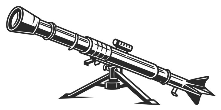 Black silhouette of multiple rocket launcher system in firing position military equipment