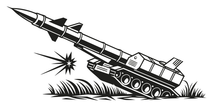 Military rocket launch silhouette with explosion effect, black missile launch black silhouette