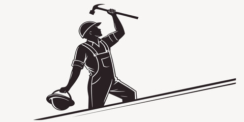 Black silhouette of construction worker holding a shovel laborer hard hat © Abu
