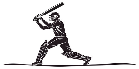 Black silhouette of cricket batsman hitting ball during swing © Abu
