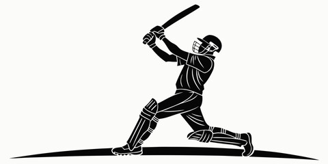 Black silhouette of cricket batsman hitting ball with bat, sports action black and white © Abu