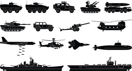 Obraz premium Military Vehicles and Heavy Army Machinery Black Silhouette Icon Set for Tactical War Games, Infographics, and Vector Designs