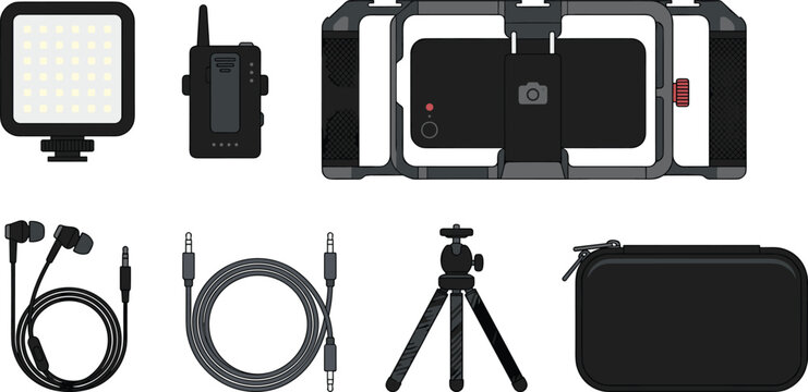 Mobile Smartphone Video Rig and Content Creation Equipment Kit with LED Panel Wireless Microphone Tripod and Case Vectors