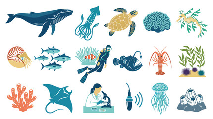 Obraz premium Ocean Life and Marine Biology Flat Icons Set with Sea Creatures, Underwater Exploration, and Research Elements