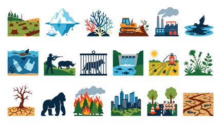 Fototapeta premium Environmental Issues and Ecological Problems Flat Vector Icons. Climate Change, Nature Conservation Pollution Threats.